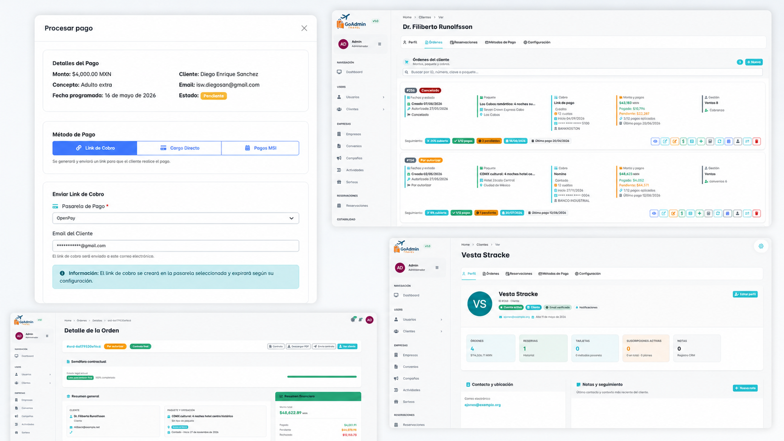 Mockup de órdenes, parcialidades, links de pago y contrato en GoAdmin Travel