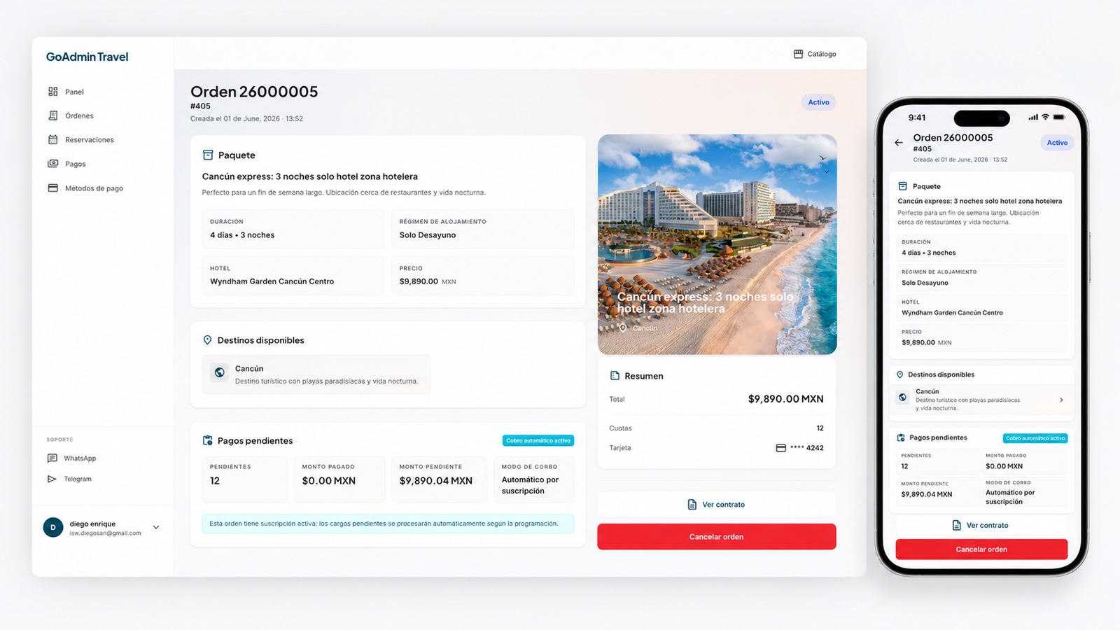 Mockup de portal de cliente para viajes, pagos, documentos y vouchers
