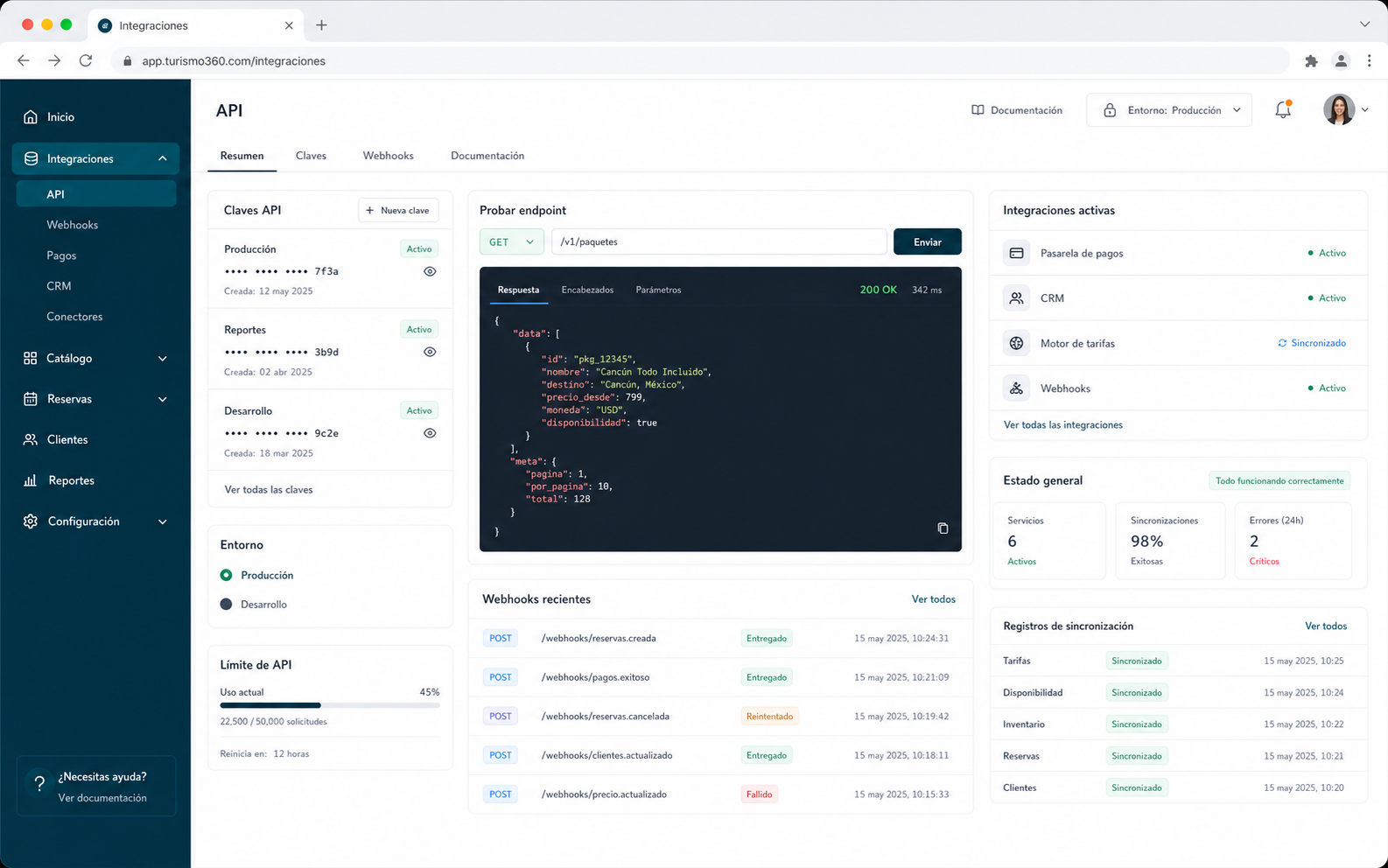 Imagen de referencia del panel de API, webhooks, pasarelas e integraciones